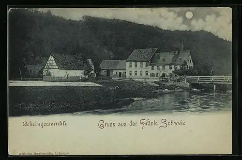 Mondschein-AK Behringersmühle, Gasthaus mit Uferpartie