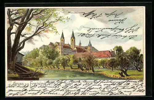 Lithographie Freising, Blick zum Dom auf dem Domberg