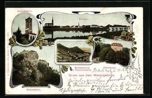 AK Rinteln an der Weser, Panorama der Stadt, Klippenturm, Hohenstein