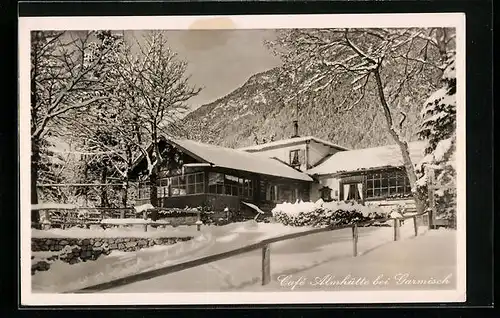 AK Garmisch, Cafe Almhütte im Winter
