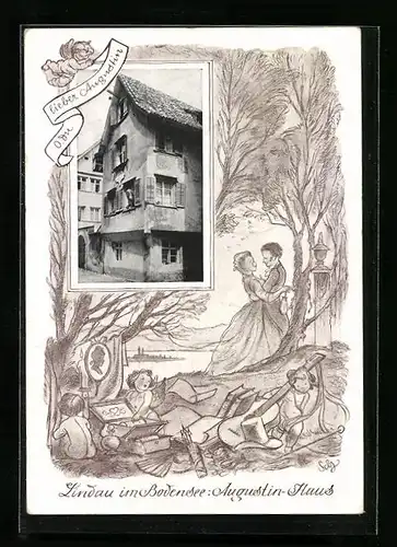 AK Lindau im Bodensee, Augustin-Haus, Liebespaar und Amor, Passepartout
