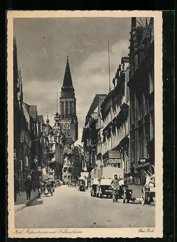 AK Kiel, Hafenstrasse mit Hotel Kronprinz und Rathausturm