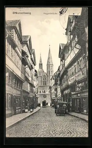 AK Braunschweig, Hagenbrücke mit Hagen-Drogerie und Kirche