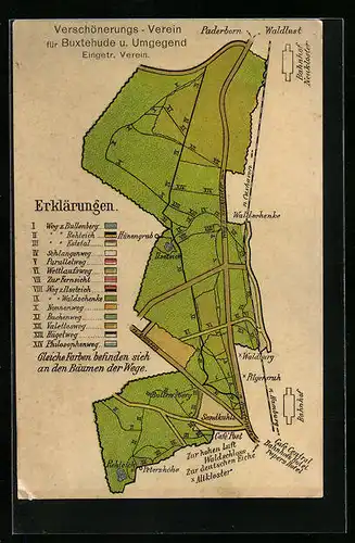 Künstler-AK Buxtehude, Verschönerungs-Verein für Buxtehude und Umgegend, Landkarte mit Gasthaus Waldschenke & Cafe Post