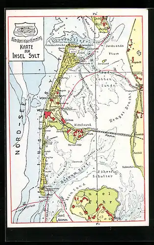 Künstler-AK Braderup /Sylt, Landkarte mit Archsum, Mosum Odde und Jordsand