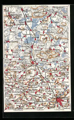 Künstler-AK Wittichenau, Landkarte mit Kobitz, Uebigau und Oppitz