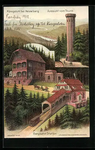 Künstler-AK Königstuhl bei Heidelberg, Aussicht vom Turm, Bahnhof der Bergbahn