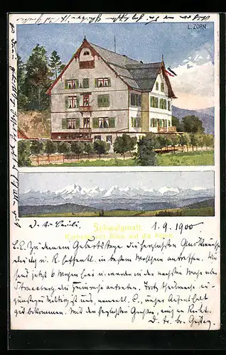 Künstler-AK Schweigmatt, Kurhotel mit Blick mit Blick auf die Alpen