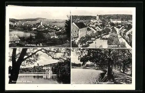 AK Litschau, Herrensee mit Burg, Stadtplatz, Teichpromenade