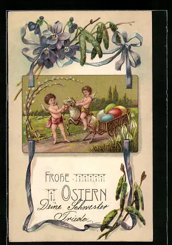 AK Osterengel mit Lamm und Ostereiern