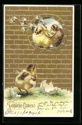 AK Osterküken mit Palmkätzchenzweigen