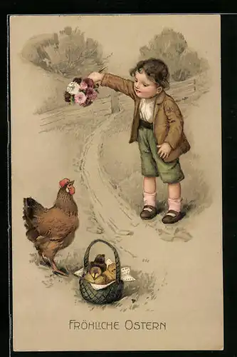 AK Junge mit Blumenstrauss und Osterküken