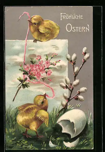 AK Geschlüpfte Osterküken mit Blumen