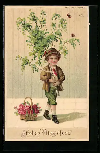 AK Frohes Pfingstfest, Junge mit Blumen und Zweig