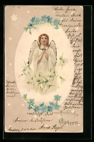 AK Betender Osterengel mit Schneeglöckchen