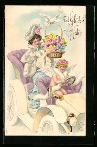 AK Neujahrsengel im Auto mit Blumen