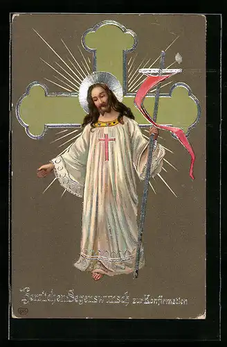 AK Christus mit Kreuz, Glückwunsch zur Konfirmation