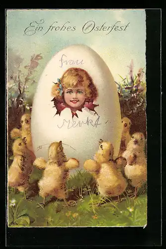 AK Osterküken tanzen um Mädchen im Ei