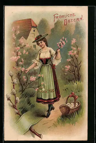 AK Dame in Tracht, Fröhliche Ostern