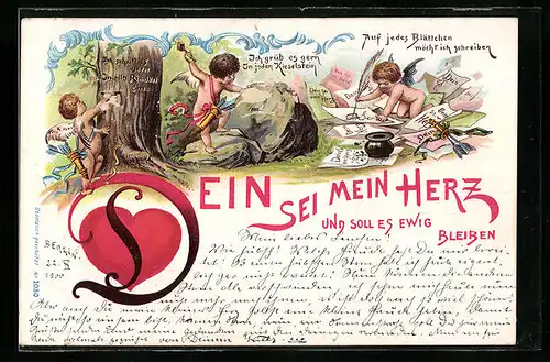 Lithographie Sein sei mein Herz, Amor mit Liebesbriefen