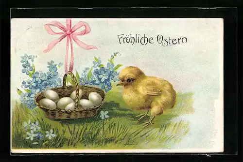 AK Osterküken mit Ostereiern, Fröhliche Ostern