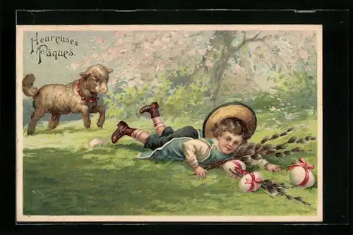 AK Junge und Osterlamm im Grünen