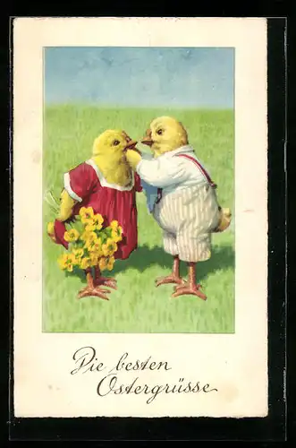 AK Osterküken mit Blumen wünschen ein frohes Fest