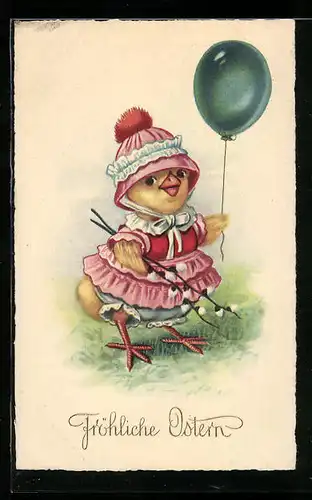 AK Osterküken mit Luftballon