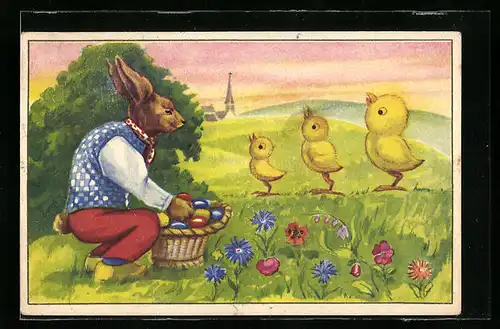 AK Osterhase mit Korb voller Ostereiern, Osterküken