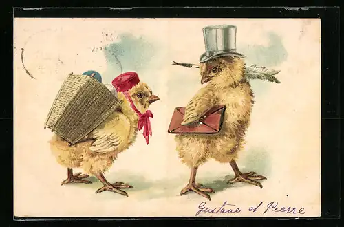 AK Osterküken mit Zylinder und Korb voller Ostereiern