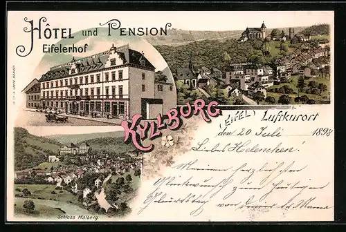 Lithographie Kyllburg /Eifel, Hotel und Pension Eilerhof, Schloss Malberg, Teilansicht