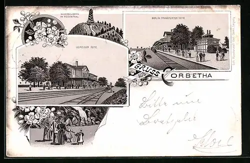 Lithographie Corbetha, Bahnhof von der Leipziger und der Berlin-Frankfurter Seite