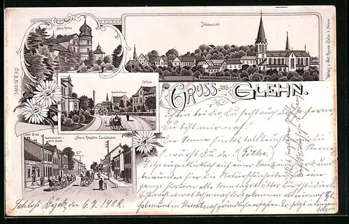 Lithographie Glehn, Neuss-Rheydther-Landstrasse mit Hotel Drink und Gasthaus Herm. Baum