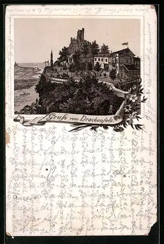 Vorläufer-Lithographie Drachenfels, 1891, Blick auf das Restaurant und ins Rheintal