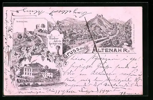 Lithographie Altenahr, Hotel zur Post, Burgruine, Teilansicht