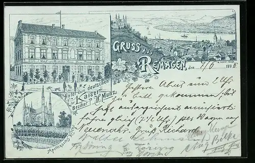 Lithographie Remagen, Hotel zum deutschen Kasier, Apollinarius-Kirche, Teilansicht