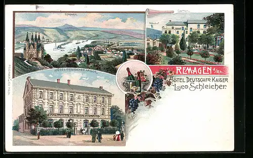 Lithographie Remagen a. Rh., Hotel Deutscher Kaiser, Garten und Bahnhof, Teilansicht mit Kirche