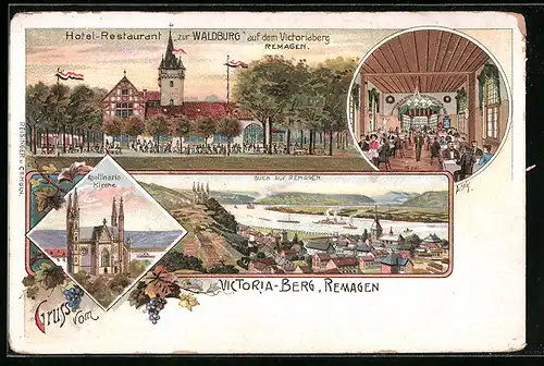 Lithographie Remagen, Hotel-Restaurant zur Waldburg, Inneres Saal, Apollinaris-Kirche
