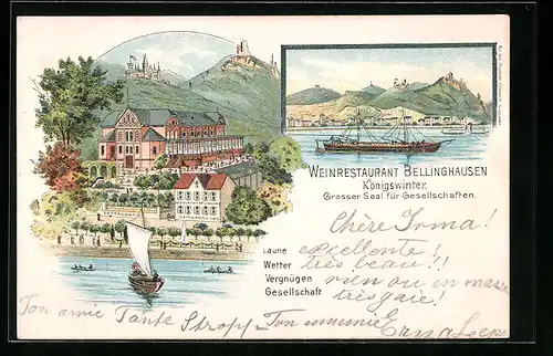 Lithographie Königswinter, Weinrestaurant Bellinghausen, Uferpartie