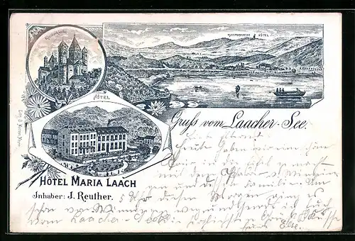 Lithographie Maria Laach, Hotel Maria Laach, Klosterkirche, Laacher-See