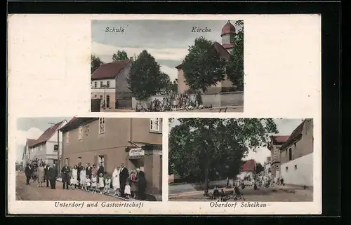 AK Schelkau, Unterdorf und Gastwirtschaft, Schule und Kirche, Strassenpartie im Oberdorf