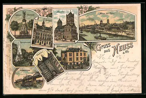 Lithographie Neuss a. Rh., Ständehaus, Münster, Rathaus