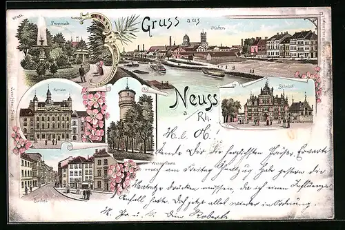 Lithographie Neuss a. Rh., Rathaus, Bahnhof, Hafen