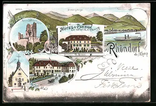 Lithographie Rhöndorf a. Rhein, Hotel & Pension zur Wolkenburg, Kapelle, Ruine Drachenfels