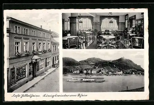 AK Königswinter a. Rhein, Cafe-Restaurant Witwe Clemens Hillesheim, Hauptstrasse 117, Innenansicht, Uferpartie