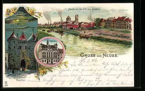 Lithographie Neuss, Uferpartie von der Erft aus gesehen, Obertor bei Mondschein, Rathaus