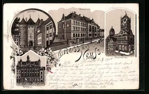Lithographie Neuss, Gymnasium, Obertor, Rathaus