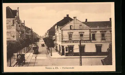 AK Neuss a. Rh., Fürtherstrasse mit Restaurant und Strassenbahn