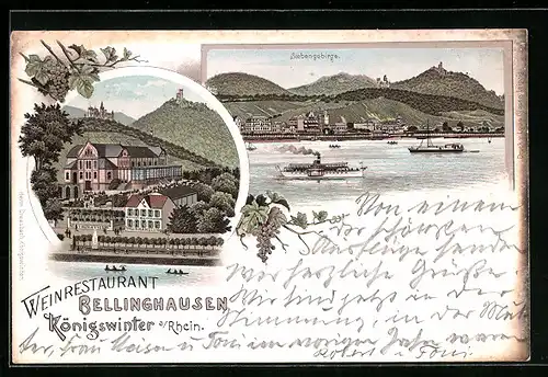 Lithographie Königswinter a. Rhein, Weinrestaurant Bellinghausen, Uferpartie mit Siebengebirge