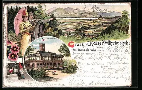 Lithographie Bonn, Kaiser-Wilhelmshöhe, Hotel Kasselsruhe, Blick auf das Siebengebirge mit Drachenfels und Godesberg